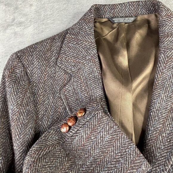 Harris Tweed Blazer Mens 42 Regular Brown Herringbone Scottish Wool Made USA - Picture 1 of 14